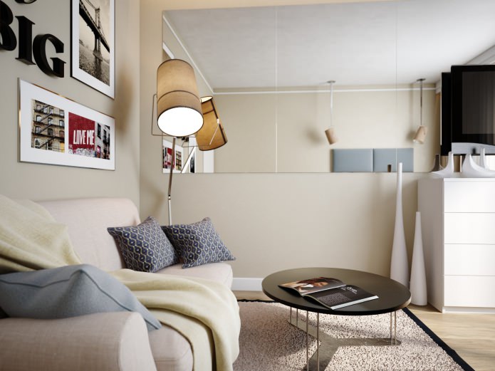 salón-dormitorio en el diseño de un apartamento de 38 m².