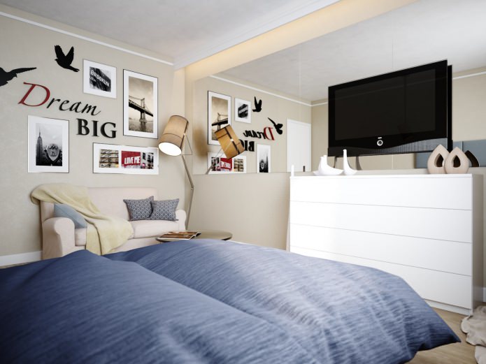 Salón-dormitorio en el diseño de un apartamento de 38 m².