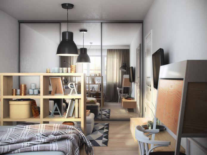 Salón-dormitorio con el diseño de un apartamento de 36 m².