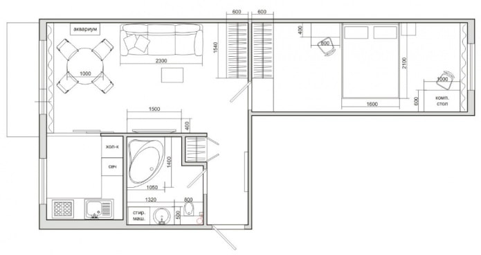 Distribución de una casa Khrushchevka de dos habitaciones de 44 m².