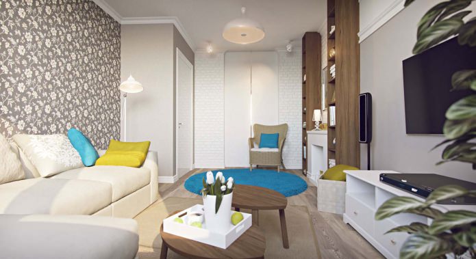 Sala de estar en el proyecto de un apartamento de una habitación de 43 m².