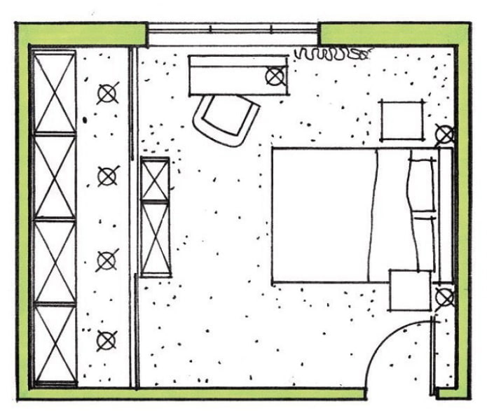Distribución del dormitorio de 17 m².