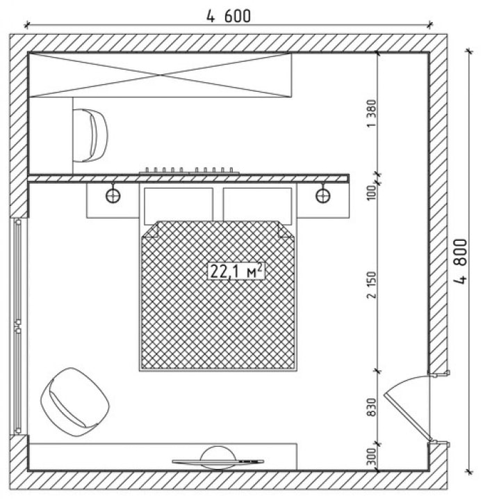 plano del dormitorio de 22 cuadrados