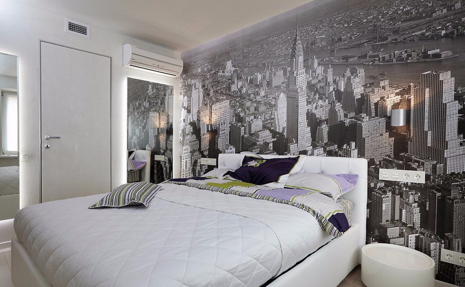 Papel tapiz fotográfico gris en el dormitorio