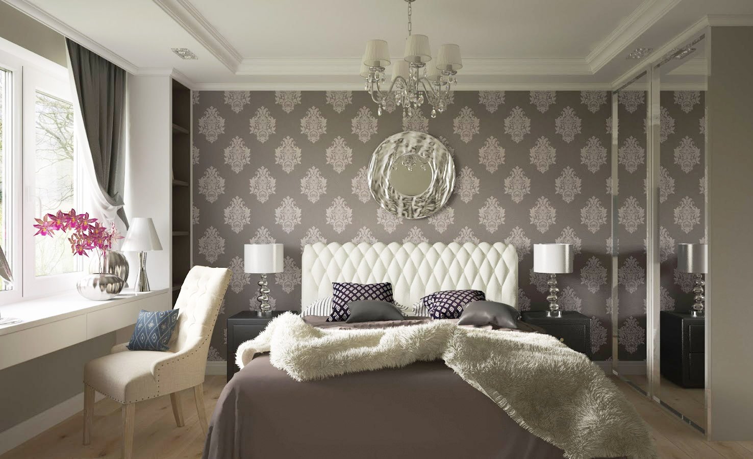 interior de dormitorio con papel pintado gris