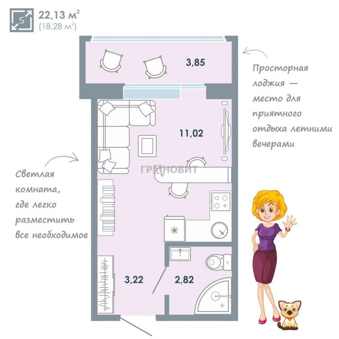 Distribución de estudios de 22 m²