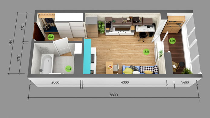 Distribución de un apartamento tipo estudio de 25 m².