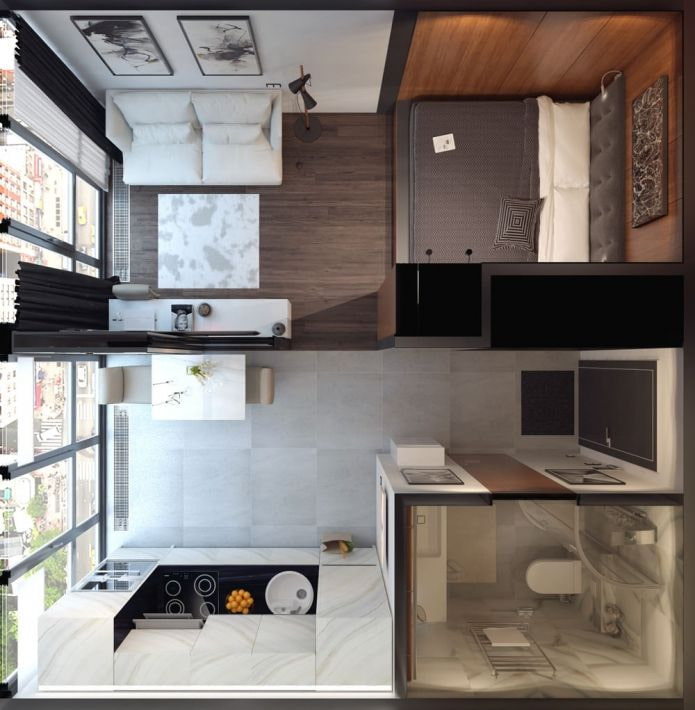 Planta de estudio de 25 m2 con muebles de exterior