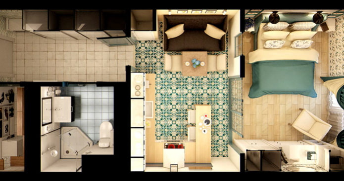 Planta de estudio de 25 m2 con muebles de exterior