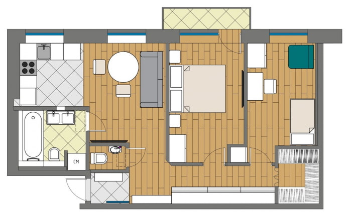 Diseño de un apartamento de tres habitaciones con cocina-salón