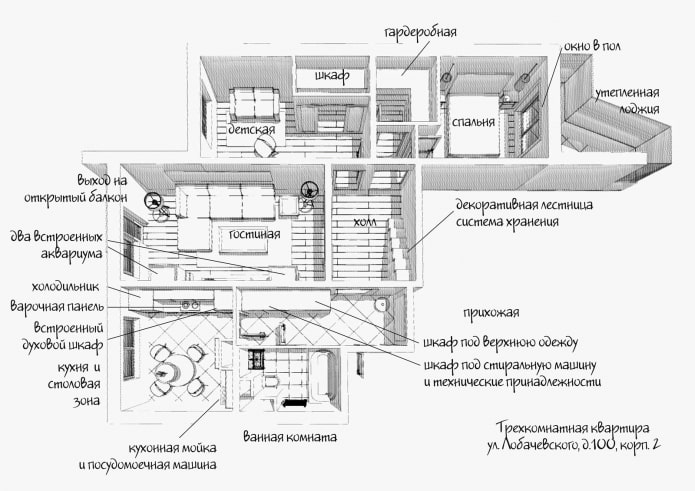 Distribución de un apartamento de tres habitaciones