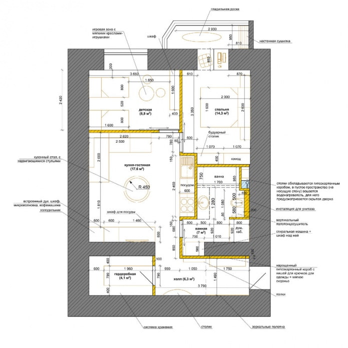Plano de un apartamento de 3 habitaciones