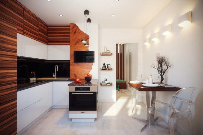 Cocina blanca y marrón con una caja divisoria
