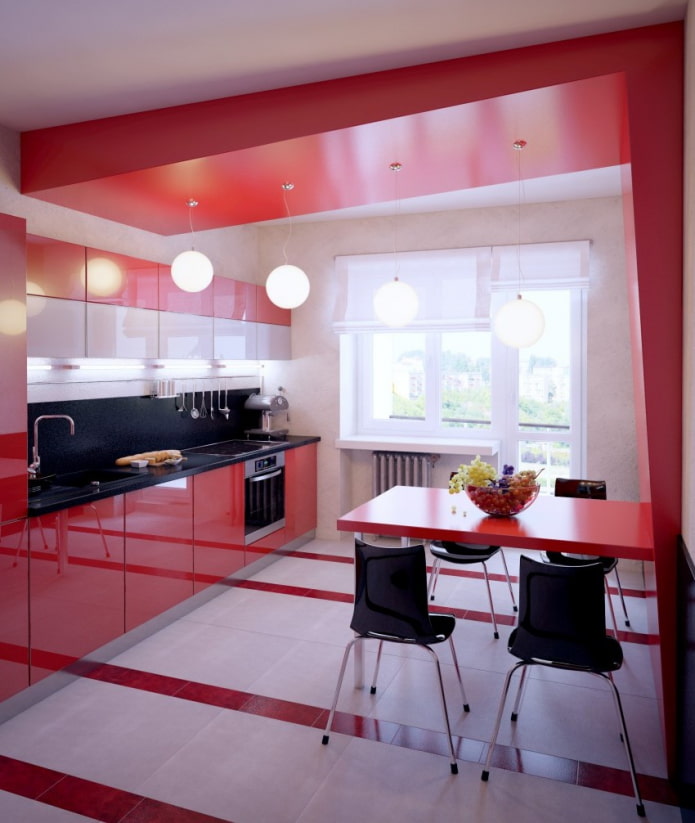 Diseño rojo de dos niveles en la cocina