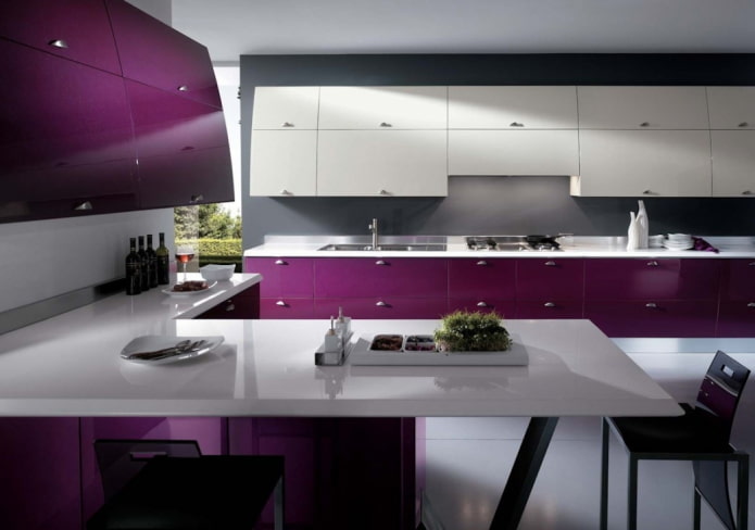 Cocina en tonos morados de estilo de alta tecnología