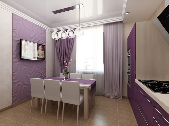 Cortinas para el interior de la cocina en tonos morados