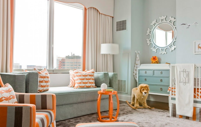 Interior de habitación infantil naranja y azul de estilo moderno