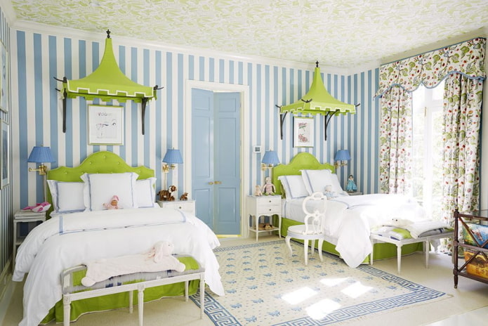 Interior verde y azul de una habitación infantil