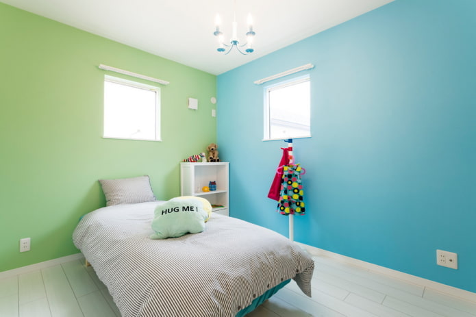Interior verde y azul de una habitación infantil