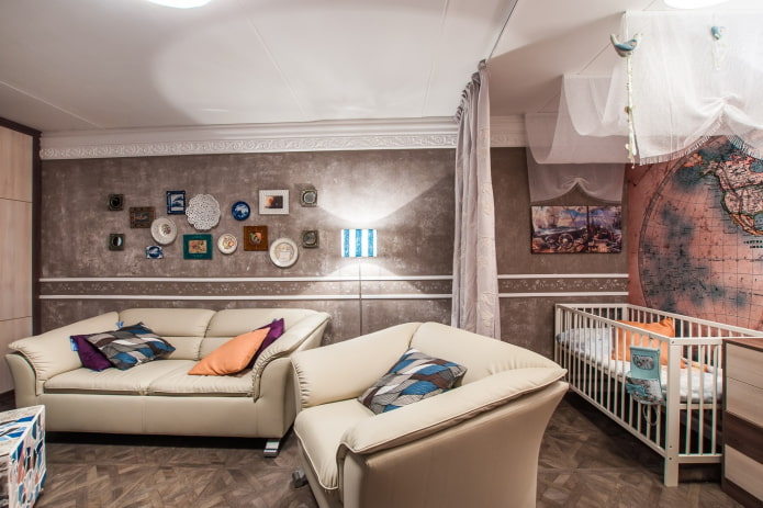 arrangement of a combined Sala de estar-habitación infantil