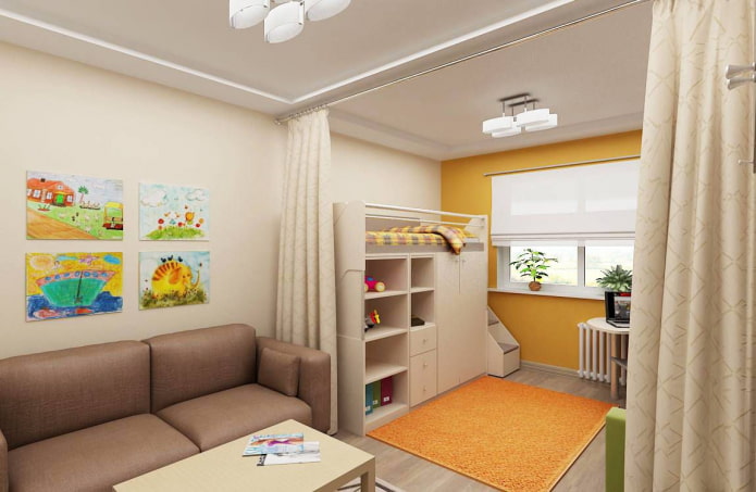 zonificación en el interior de la sala de estar-habitación infantil