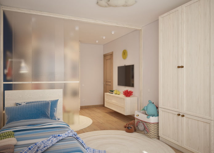 Zonificación en el interior de la sala de estar-habitación infantil