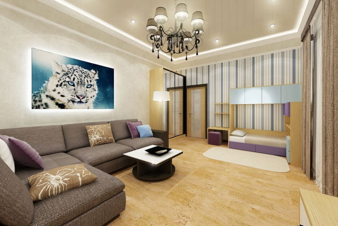 Disposición de una sala de estar y una habitación infantil combinadas