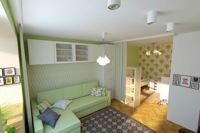 Disposición de una sala de estar y una habitación infantil combinadas