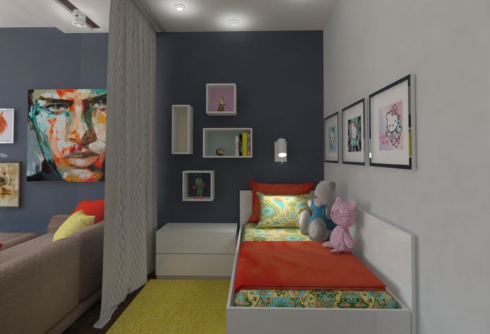 Disposición de una sala de estar y una habitación infantil combinadas