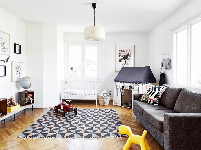 diseño de interiores de una habitación infantil y sala de estar combinadas