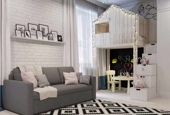 diseño de interiores de una habitación infantil y sala de estar combinadas