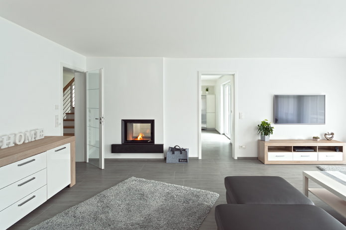 Chimenea y TV en una pared del salón