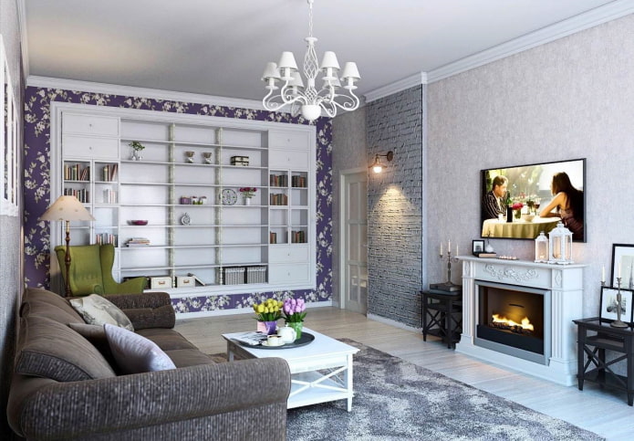 Chimenea y TV en el interior de la sala de estar en estilo provenzal