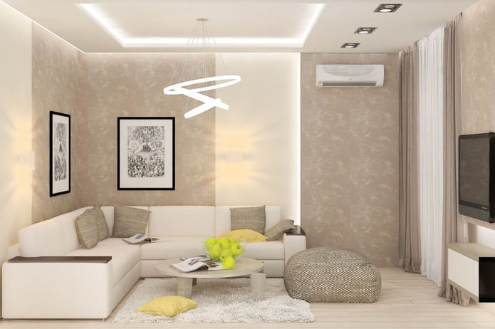 Interior de la sala de estar en tonos blancos y beige