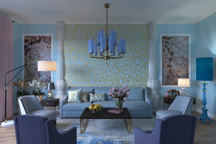 Decoración y textiles en el interior de una sala de estar azul