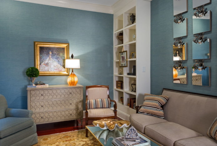 decoración del interior de una sala de estar azul