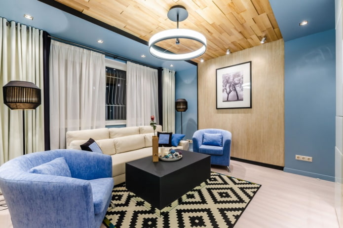 decoración del interior de una sala de estar azul