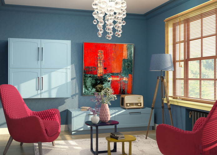 sala de estar azul con detalles brillantes