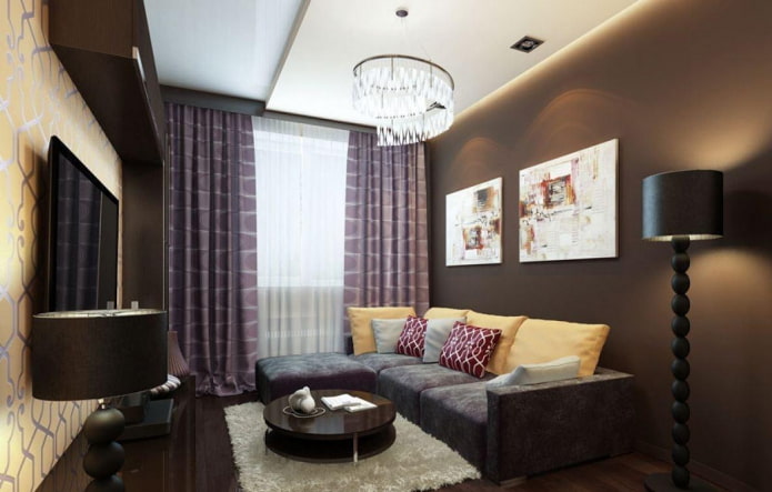 Sala de estar marrón en el interior de un apartamento de Jruschov