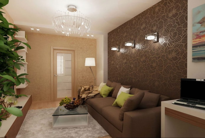 Sala de estar marrón en el interior de un apartamento de Jruschov