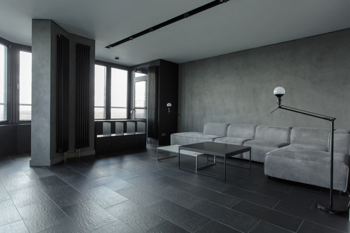 Interior de una sala de estar gris de estilo minimalista