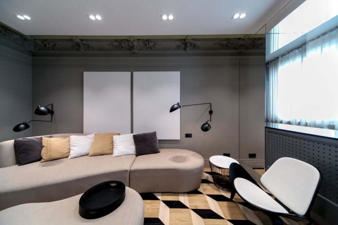 Interior de la sala de estar en tonos gris-beige