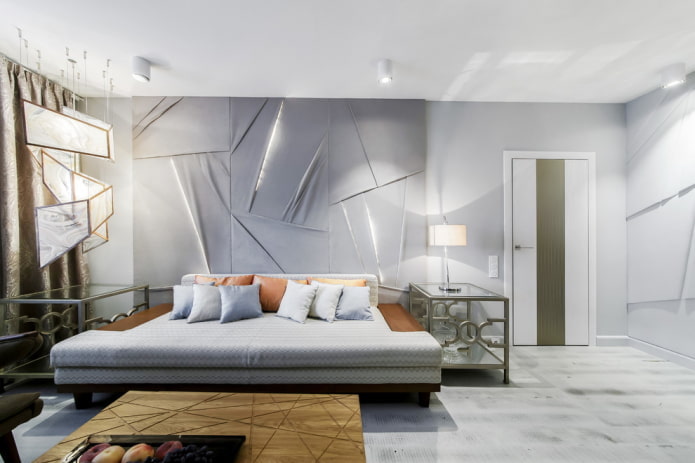 iluminación y decoración en el interior de una sala de estar gris