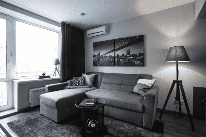 iluminación y decoración en el interior de una Sala de estar gris
