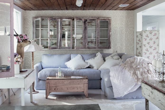 wallpaper and wood ceiling