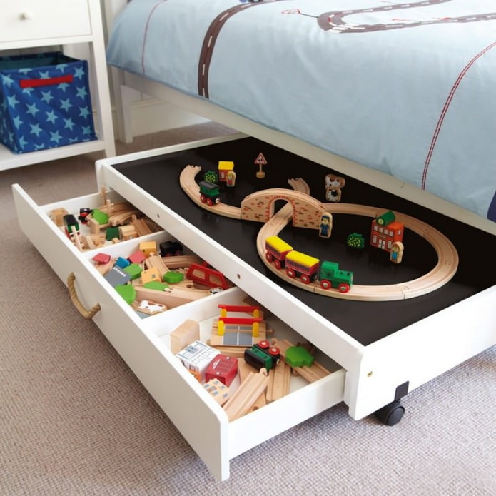 cajones en una cama para guardar juguetes en la habitación de un niño