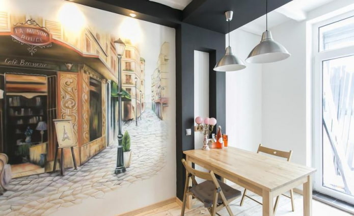 combinación de pintura de pared y papel tapiz fotográfico
