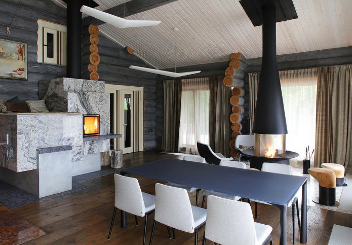 Decoración de interiores de una casa de troncos en estilo moderno