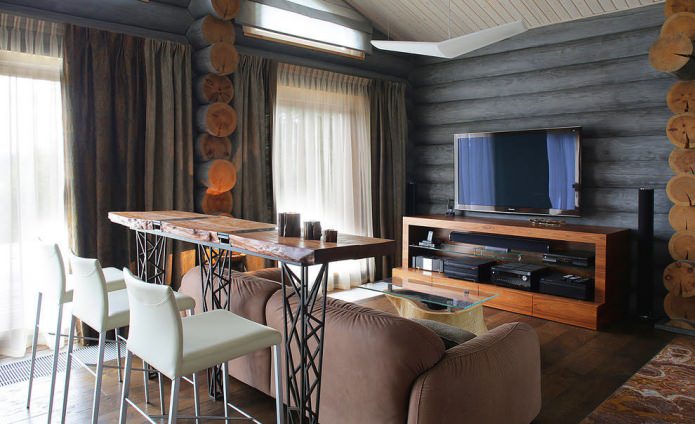 Decoración de interiores de una casa de troncos en estilo moderno