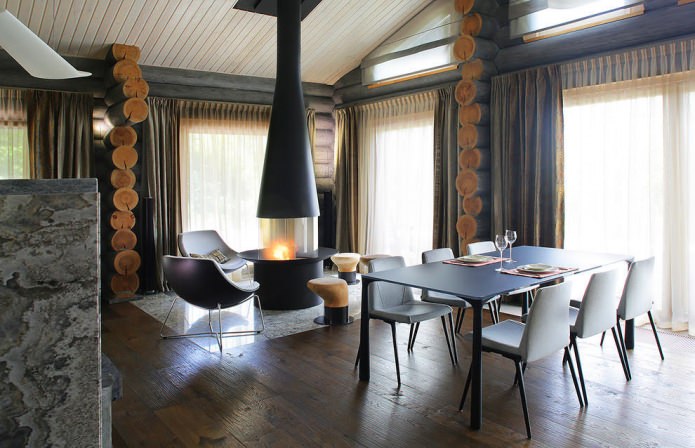Decoración de interiores de una casa de troncos en estilo moderno